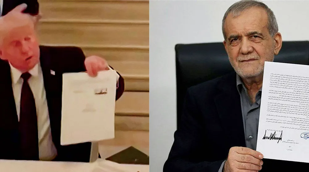  صورة مركَّبة أُعدّت أمس للرئيسين الإيراني والأميركي لدى توقيعهما بشكل منفصل اتفاق وقف الحرب (أ.ف.ب)