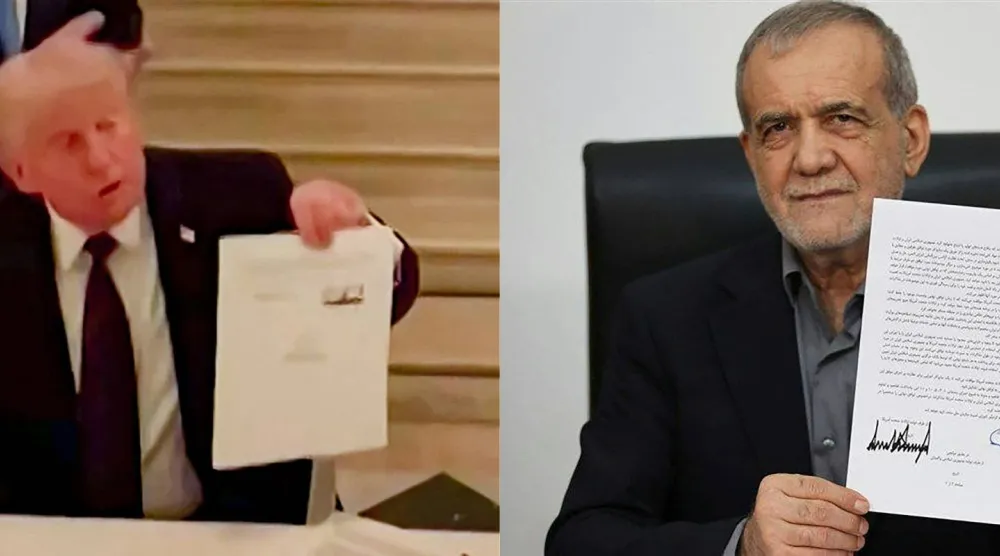 ترمب وبزشكيان يظهران في لقطتين منفصلتين خلال توقيع مذكرة تفاهم لإنهاء الحرب في الشرق الأوسط (أ.ف.ب)
