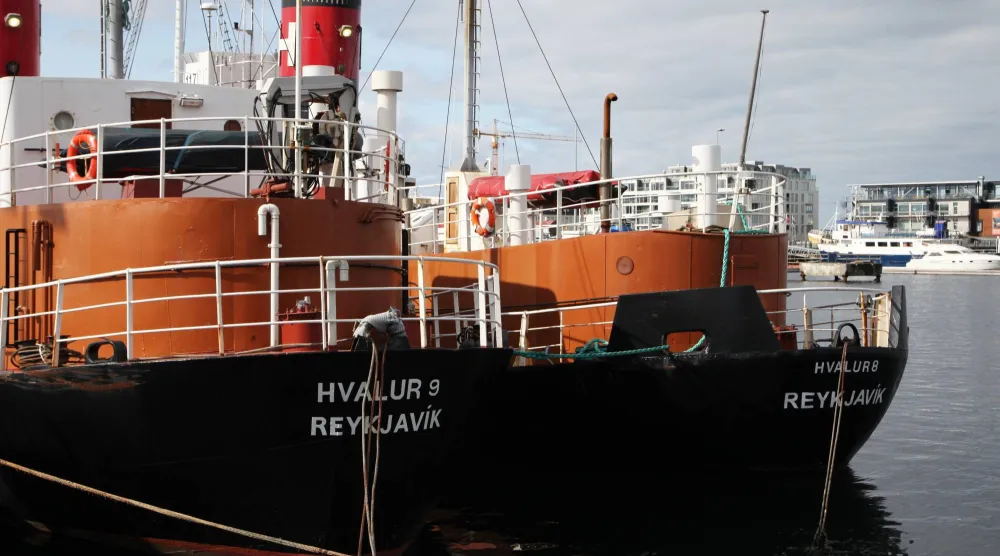 FILED - 23 August 2019, Iceland, Reykjavik: FILE PHOTO - The whaling ships Hvalur 9 (L) and Hvalur 8 are docked in the harbor. Photo: Steffen Trumpf/dpa