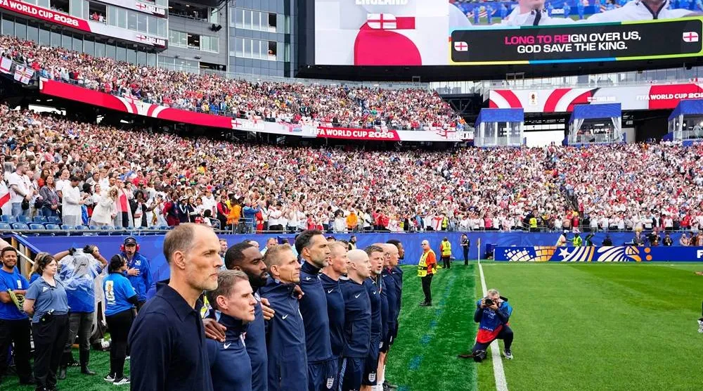  England head coach Thomas Tuchel listens to the national anthem ahead the World Cup Group L soccer match between England and Ghana in Foxborough, Mass., near Boston, Tuesday, June 23, 2026. (AP) 
