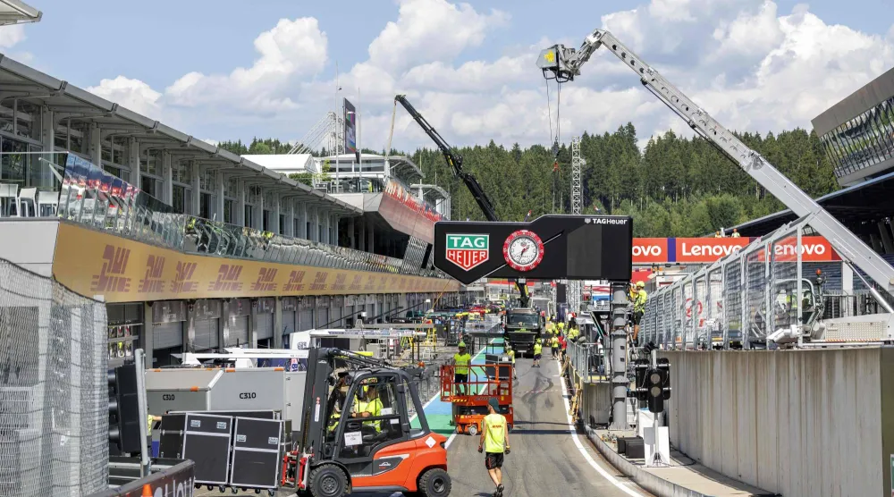 Preparation works are under way on the Red Bull Ring race track in Spielberg, Austria on June 24, 2026, ahead of the Formula One Austrian Grand Prix. (Photo by ERWIN SCHERIAU / APA / AFP)