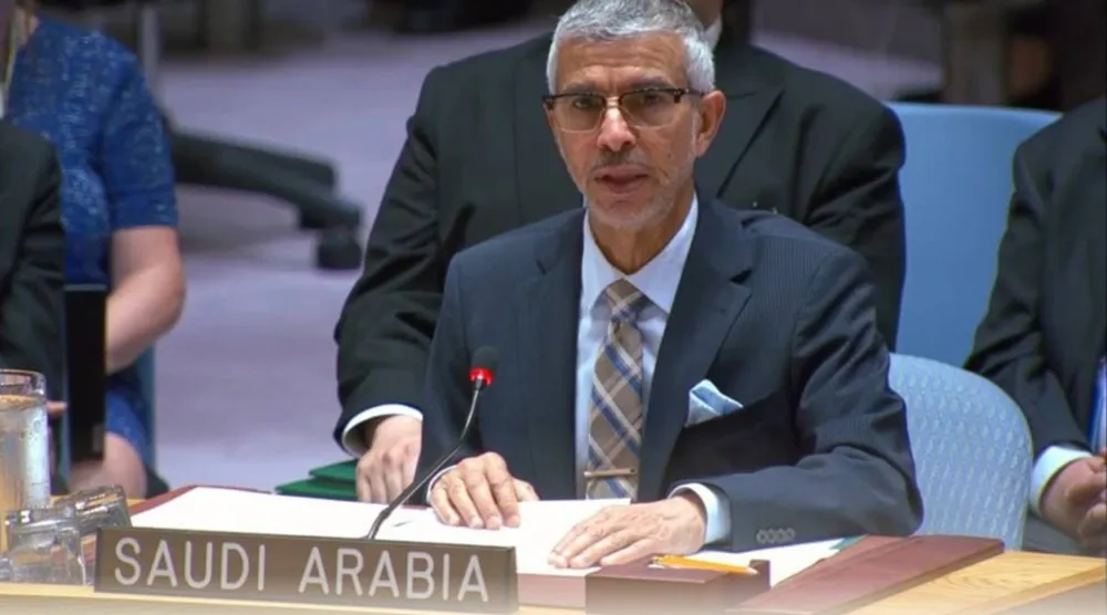 الدكتور عبد العزيز الواصل متحدثاً خلال جلسة مجلس الأمن بشأن الأطفال والنزاعات المسلحة (بعثة السعودية لدى الأمم المتحدة)