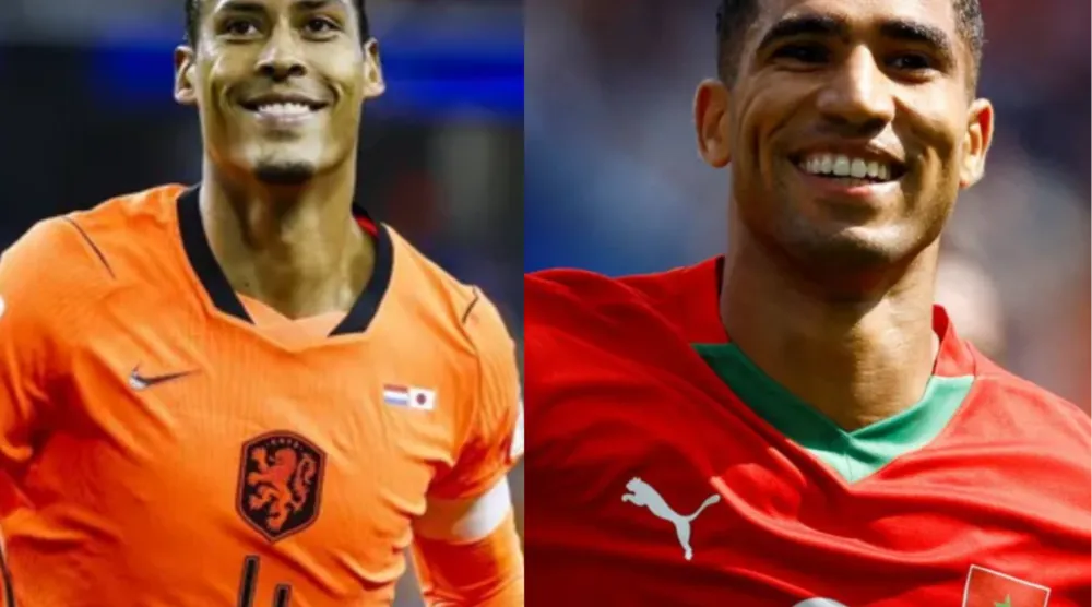 لاعب المنتخب المغربي أشرف حكيمي (يمين) ولاعب هولندا فيرجيل فان دايك (يسار) 