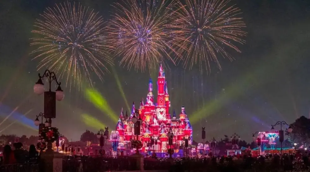 Fireworks explode in the sky during Mickey and Minnie's Birthday Celebration Castle Projection “Best Wishes” at Shanghai Disneyland Resort on November 16, 2025, in Shanghai, China. (Getty Images) 