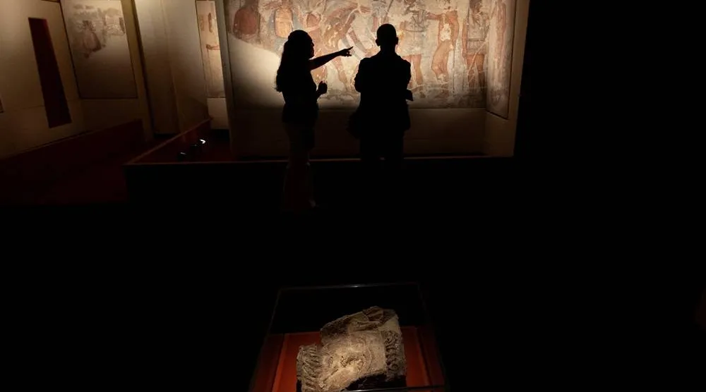  People look at the newly acquired Tomb of Francois, a 4th-century BC masterpiece bought last month by Italy's Culture Ministry for 15 million euros, at the National Etruscan Museum of Villa Giulia in Rome, Italy, June 30, 2026. (Reuters)