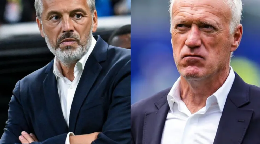 ديدييه ديشان المدير الفني لمنتخب فرنسا (يمين) وسيباستيان ديسابر المدير الفني لمنتخب جمهورية الكونغو الديمقراطية (يسار)