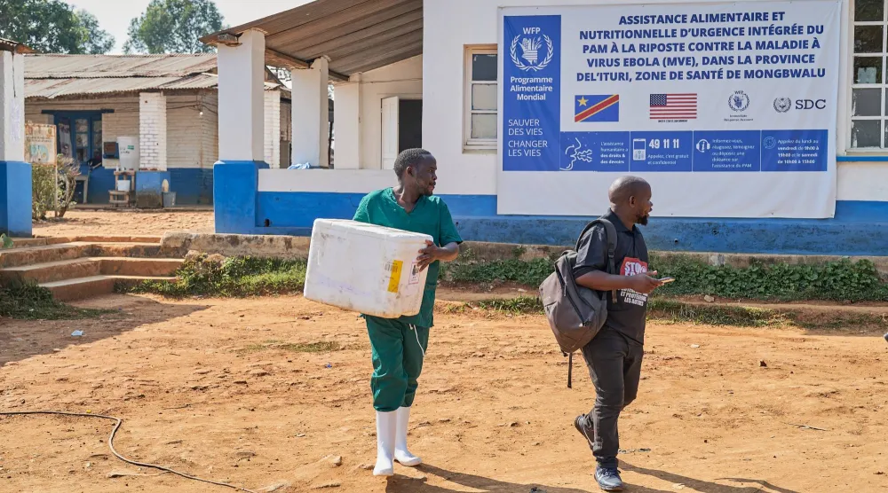 Posters for Ebola prevention are displayed at the hospital in Mongbwalu, Ituri, Democratic Republic of Congo, 26 June 2026. (EPA)