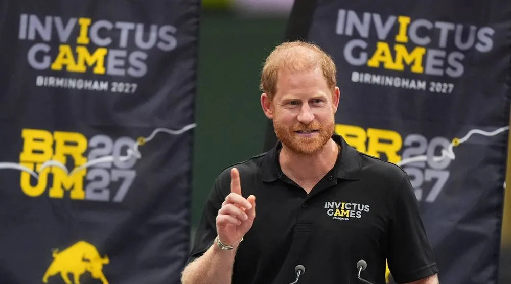 Britain's Prince Harry speaks at the National Exhibition Centre (NEC), the primary venue for the 2027 Invictus Games, as it marks one year until the event, in Marston Green, near Birmingham, Britain, July 10, 2026. (Aaron Chown/Pool via Reuters) 