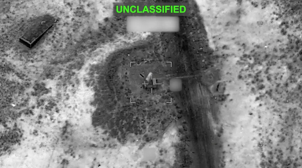 A projectile approaches a target at an unknown location, following what US Central Command (CENTCOM) said were strikes on Iran, in this screen grab taken from a handout video released on July 12, 2026. US Central Command/Handout via REUTERS 