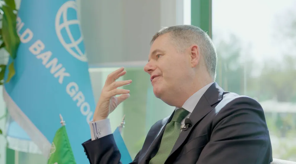 Paschal Donohoe, Managing Director and Chief Knowledge Officer of the World Bank Group, speaks to Asharq Al-Awsat. Photo: Turky Alagili