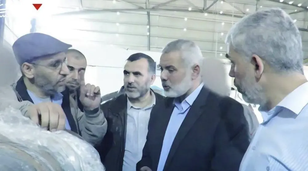 Hamas liderleri Yahya Sinvar, İsmail Heniyye, Muhammed Sinvar ve Muhammed ed-Dayf'ı gösteren görüntü (Kassam Tugayları'nın yayımladığı videodan ekran görüntüsü)