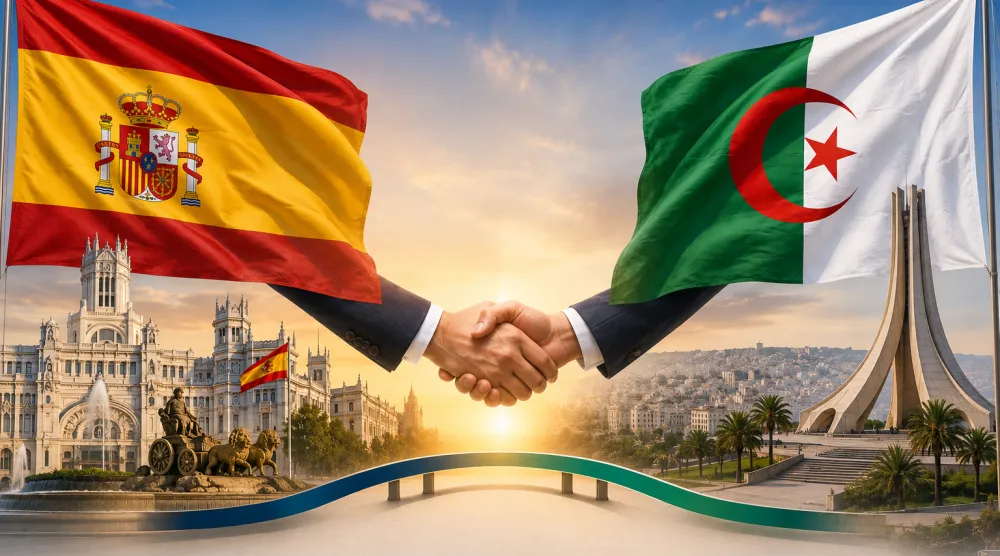 صورة توضيحية مُولَّدة بالذكاء الاصطناعي تُعبّر عن التقارب في العلاقات بين إسبانيا والجزائر عقب سنوات من التوتّر الدبلوماسي (الشرق الأوسط)