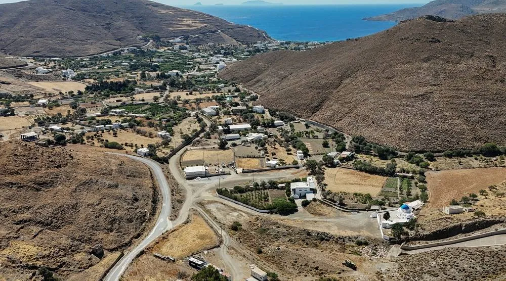 A drone view of one of the two fertile regions on the island, the dried-up village of Livadi on the island of Astypalaia, Greece, July 13, 2026. (Reuters)