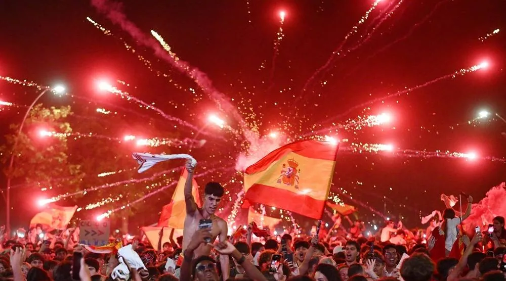 Rocafonda, Spain - July 19, 2026 Spain fans celebrate their first goal as they watch the FIFA World Cup final between Spain and Argentina in Lamine Yamal's hometown. (Reuters)