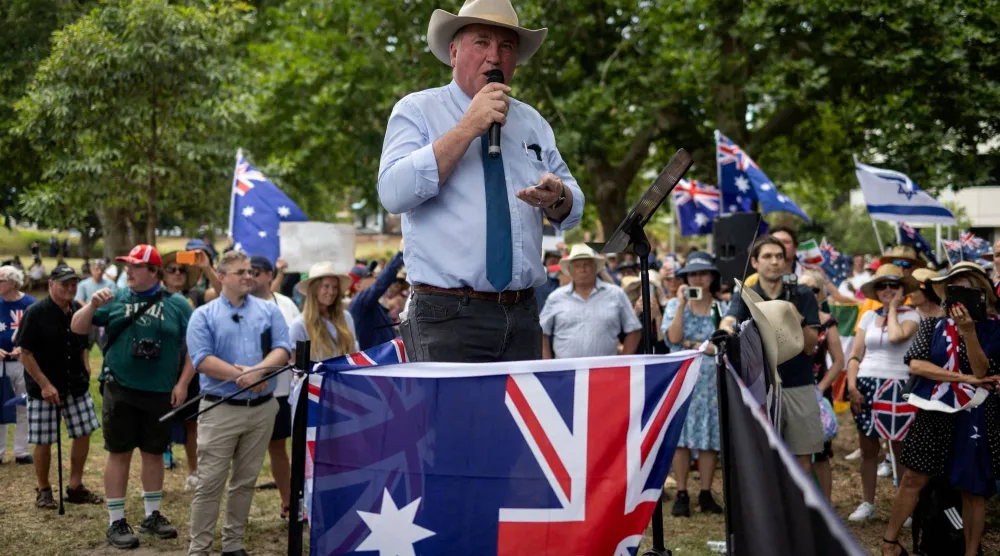 FILE PHOTO: Barnaby Joyce, former deputy prime minister, speaks at a 'Put Australia First' rally, in Sydney, Australia, December 21, 2025. REUTERS/Eloisa Lopez/File Photo