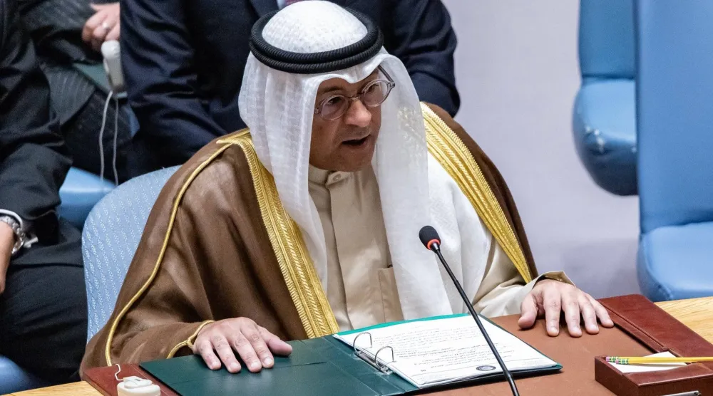 جاسم البديوي يلقي كلمته خلال المناقشة المفتوحة رفيعة المستوى لمجلس الأمن الدولي في نيويورك الأربعاء (مجلس التعاون)
