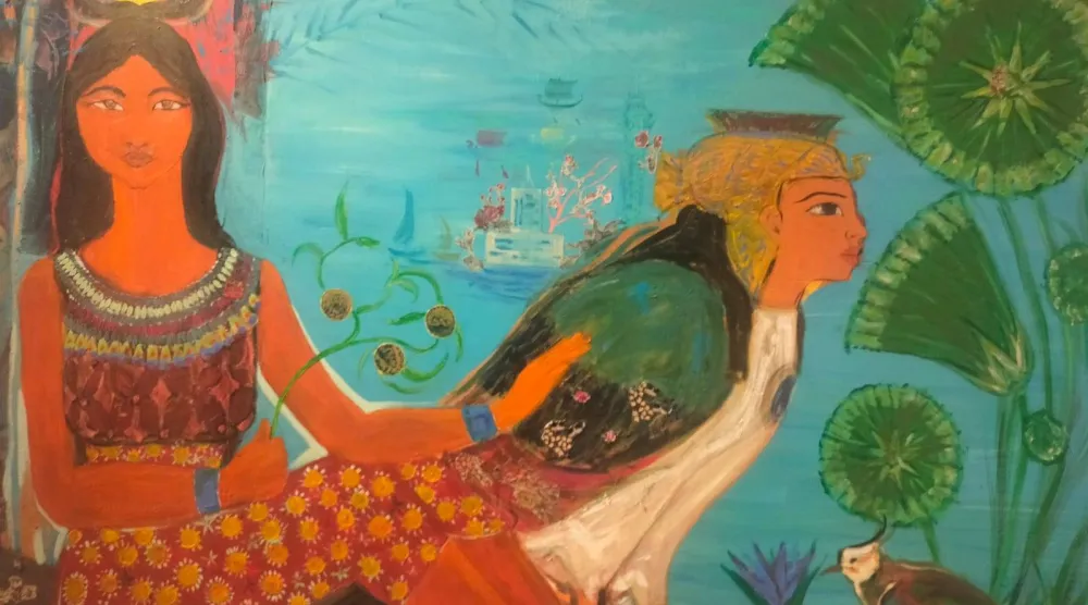 إحدى لوحات المعرض للفنانة لينا أسامة (الشرق الأوسط)