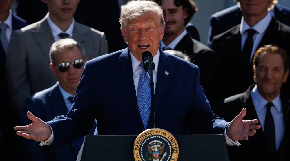 US President Donald Trump speaks during an event with the 2025 MLB World Series Champions the Los Angeles Dodgers in the Rose Garden at the White House in Washington, DC, USA, 23 July 2026. (EPA)