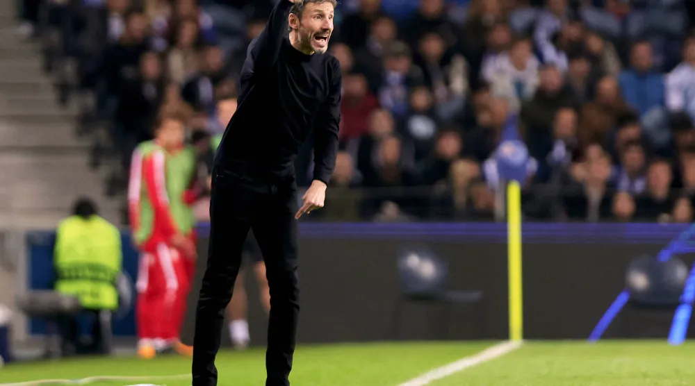 FILE - Mark van Bommel reacts during a Champions League group H soccer match between Porto and Antwerp at Estadio do Dragao in Porto, Portugal, Nov. 7, 2023. (AP Photo/Miguel Pereira, File)