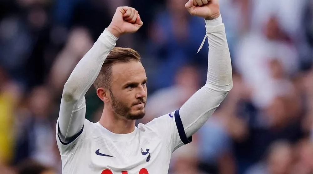 Football - Premier League - Tottenham Hotspur v Manchester United - Tottenham Hotspur Stadium, London, Britain - August 19, 2023 Tottenham Hotspur's James Maddison celebrates after the match. (Action Images via Reuters)