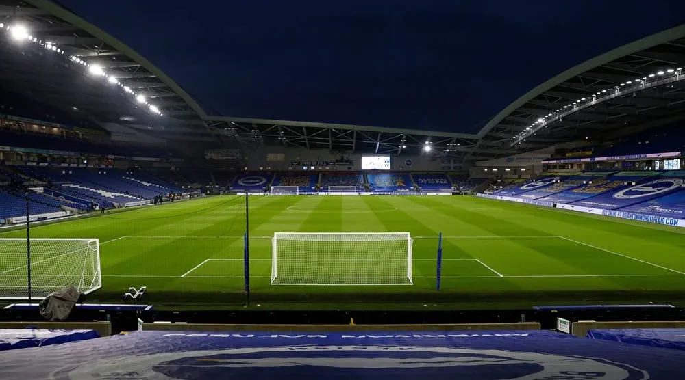 A general view of the Falmer stadium before the English Premier League football match between Brighton and Hove Albion and Newcastle United in Brighton, England, Saturday, March 20, 2021. (AP)