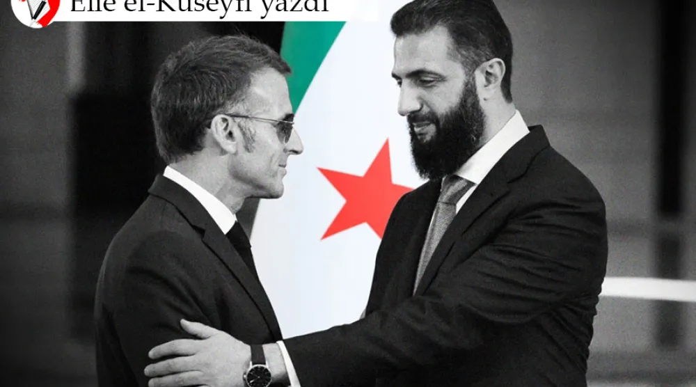 Suriye Cumhurbaşkanı Ahmed eş-Şara ve Fransa Cumhurbaşkanı Emmanuel Macron, Şam'da düzenlenen ortak basın toplantısının ardından tokalaşırken, 7 Temmuz 2026 (AFP)