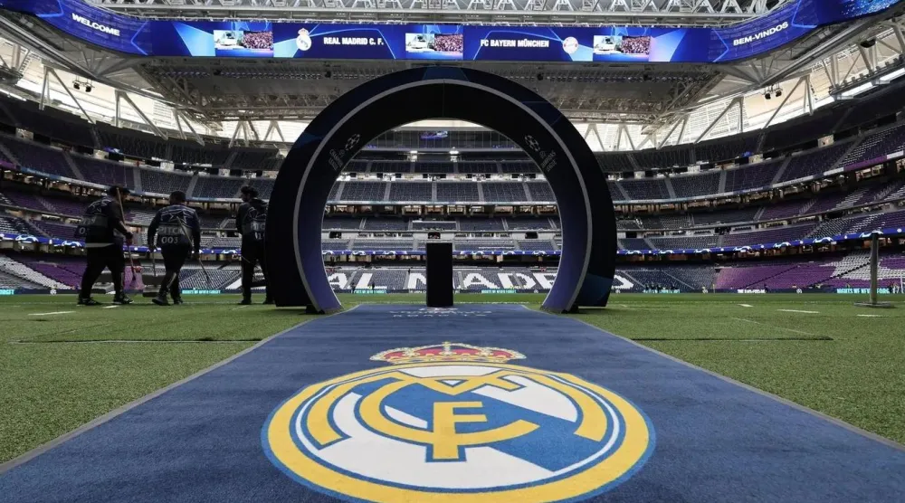 A carpet with a print of Real Madrid's badge is seen ahead of the UEFA Champions League semi final second leg football match between Real Madrid CF and FC Bayern Munich at the Santiago Bernabeu stadium in Madrid on May 8, 2024. (AFP via Getty Images)