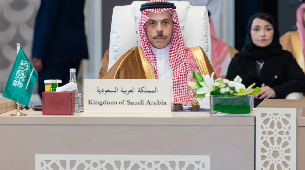 الأمير فيصل بن فرحان وزير الخارجية السعودي في كلمة له خلال مشاركته في الاجتماع الوزاري لدعم القدس وأماكنها المقدسة في الأردن (الخارجية السعودية)