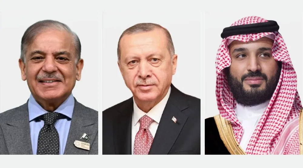 الأمير محمد بن سلمان ورجب طيب إردوغان ومحمد شهباز شريف (الخارجية السعودية)