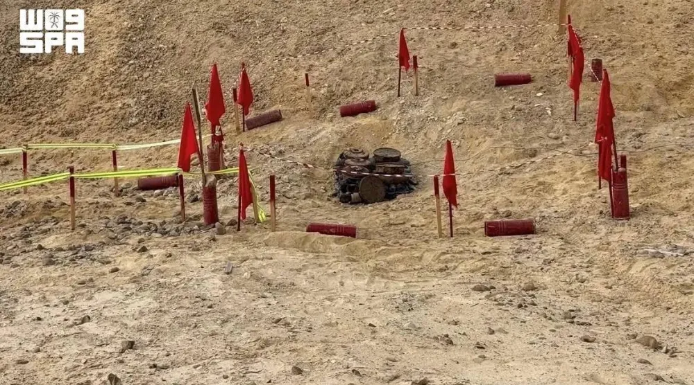 The Masam Project for clearing landmines in Yemen removed 2,157 mines from various areas of Yemen during the second week of August 2026. (SPA)