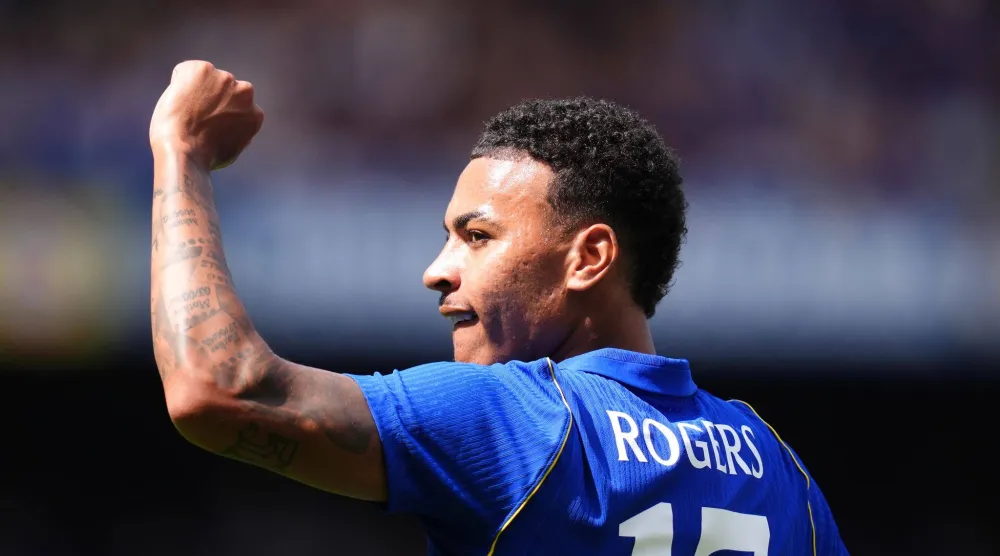  15 August 2026, United Kingdom, London: Chelsea's Morgan Rogers celebrates scoring his side's first goal during the pre-season friendly soccer match between Chelsea and Real Sociedad at Stamford Bridge. (dpa)