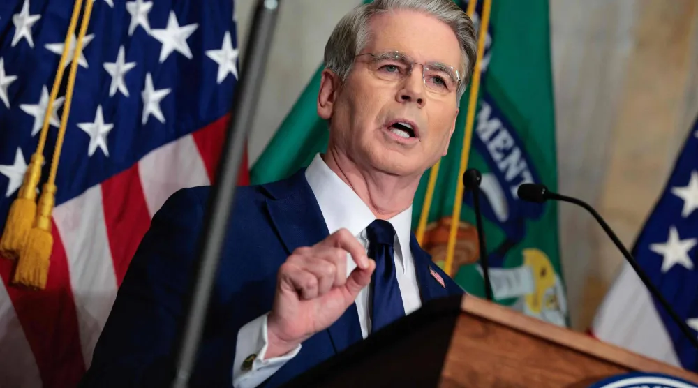 WASHINGTON, DC - AUGUST 24: US Treasury Secretary Scott Bessent announces a new set of sanctions against Iran in the Cash Room at the Treasury Department on August 24, 2026 in Washington, DC. Chip Somodevilla/Getty Images/AFP