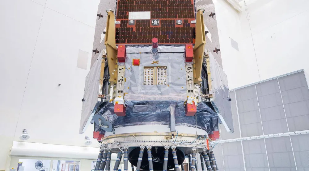 NASA's Nancy Grace Roman Space Telescope stands after engineers and technicians working inside the Payload Hazardous Servicing Facility mated the observatory to its payload adapter and a strut payload attach fitting, a specialized piece of hardware designed for large, heavy loads at NASA's Kennedy Space Center in Cape, Canaveral, Florida, US August 7, 2026 NASA/Jolearra Tshiteya via REUTERS