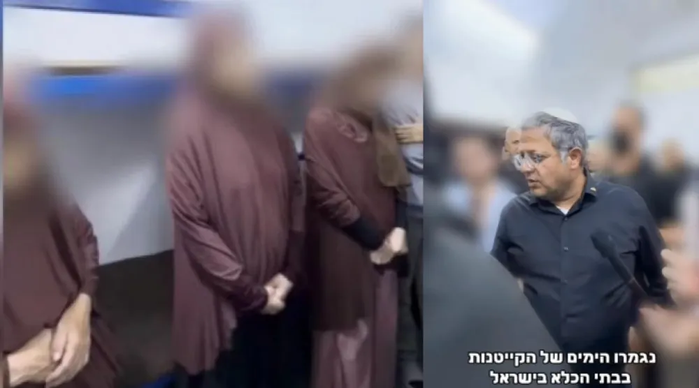 على اليمين وزير الأمن القومي الإسرائيلي اليميني المتطرف إيتمار بن غفير وعلى اليسار عدد من الأسيرات الفلسطينيات خلال زيارة تمت قبل أسابيع (حساب بن غفير عبر «إنستغرام»)