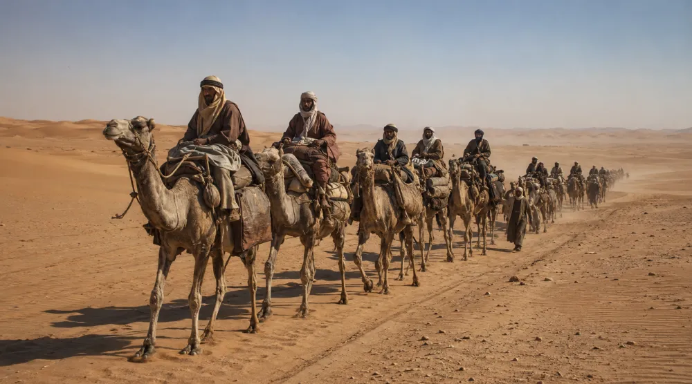 واجه رجال العقيلات وحشة الصحراء وخطر الموت بالتجارة والترحال (صورة مولدة بالذكاء الاصطناعي)