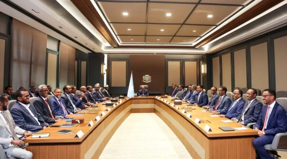 Somali Cumhurbaşkanı’nın, siyasi krizle ilgili istişarelere katılmak üzere Müstakbel Konseyi üyeleri ve yetkilileriyle gerçekleştirdiği önceki bir toplantıdan bir kare (Somali Haber Ajansı)