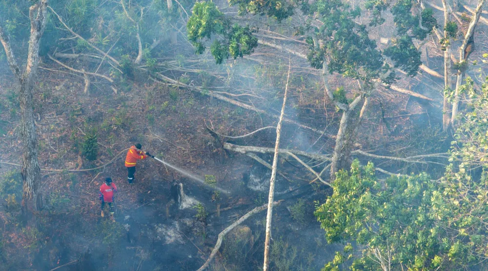 A drone view shows firefighters spraying water in an attempt to extinguish a wildfire in Soeharto Hill Forest Park, North Penajam Paser in East Kalimantan province, Indonesia, September 3, 2026. (Public Relations Office of the Nusantara Capital City Authority/Handout via Reuters) 