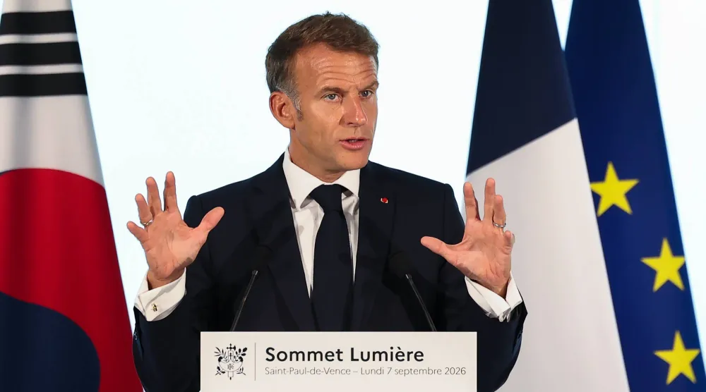 France's President Emmanuel Macron addresses the audience during the opening plenary session of the "Lumière Summit" meeting on the future of cinema and the moving-image industry at the Maeght Foundation in Saint-Paul-de-Vence, southeastern France, Monday, Sept. 7, 2026. (Valery Hache/Pool Photo via AP)