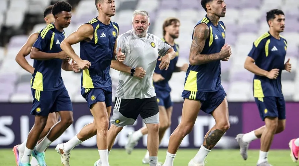 Al-Nassr FC's Portuguese forward #07 Cristiano Ronaldo (3rd L) attends a training session on the eve of the AFC Champions League Elite (ACL) match between Al-Ain FC and Saudi's Al-Nassr FC, at the Azza Bin Zayed stadium in al-Ain on September 14, 2026. (AFP) 