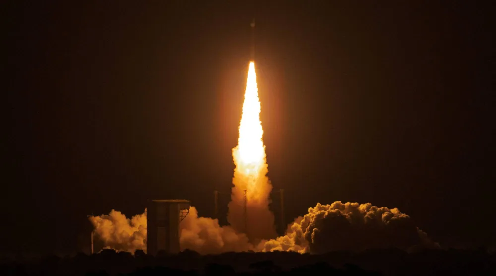 A Vega-C rocket carrying European satellites FLEX and Sentinel-3C lifts off from the Guiana Space Center in Kourou, French Guiana, on September 15, 2026. (AFP)