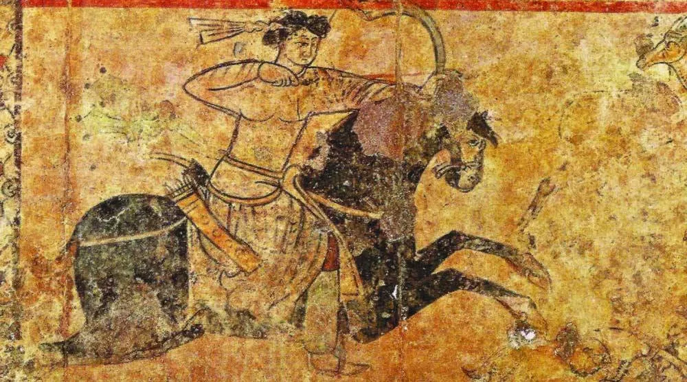 صياد غزلان في لوحة أموية من قصر الحير الغربي
