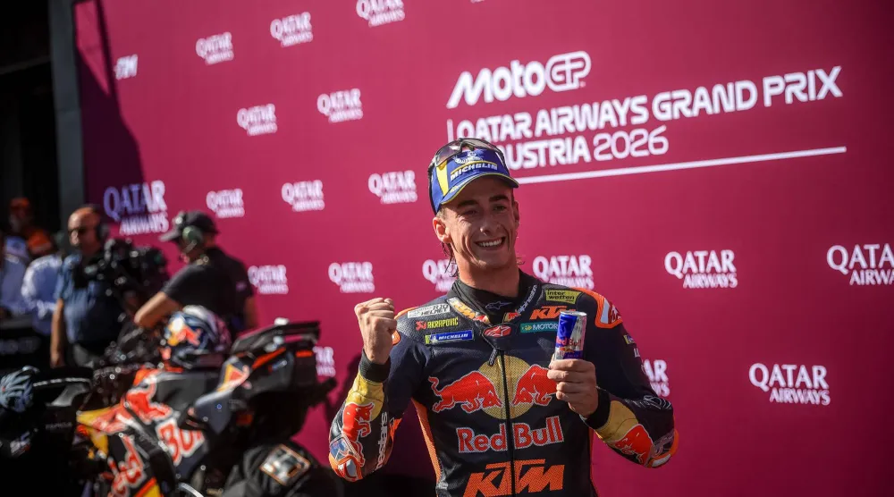 Spanish MotoGP rider Pedro Acosta of Red Bull KTM Factory Racing celebrates after winning the Grand Prix of Austria at the Red Bull Ring race track in Spielberg, Austria, 20 September 2026.  EPA/MARTIN DIVISEK