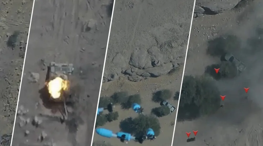 لقطة من فيديو فبركه الحوثيون عن استهدافهم مواقع للجيش اليمني بالطيران المسيَّر (إعلام حوثي)