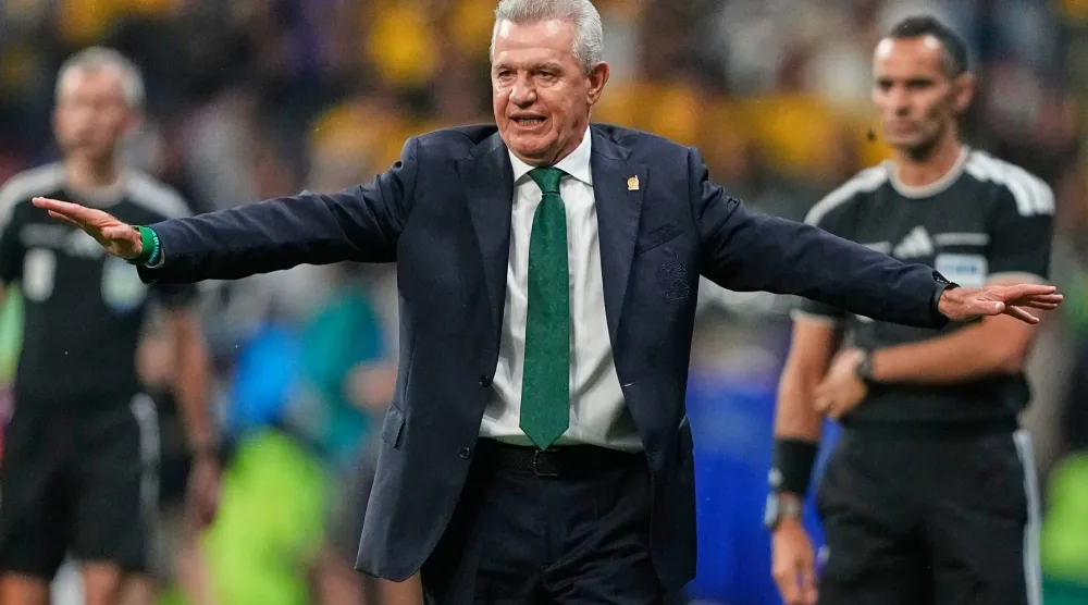 FILE - Mexico head coach Javier Aguirre gestures during the World Cup round of 32 soccer match between Mexico and Ecuador in Mexico City, Tuesday, June 30, 2026. (AP Photo/Natacha Pisarenko, File)