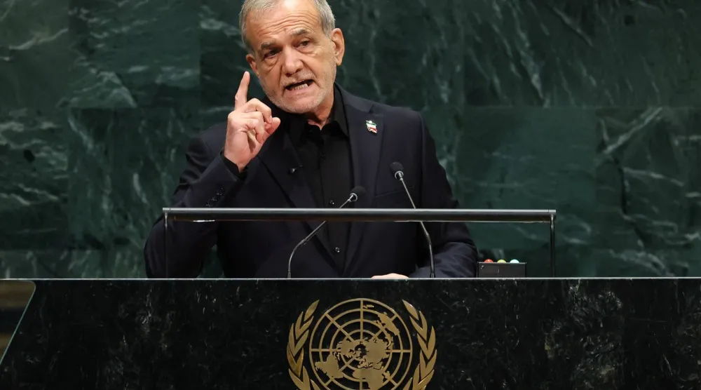 Iran's President Masoud Pezeshkian speaks during the 81st United Nations General Assembly at the United Nations Headquarters in New York, on September 23, 2026. (Photo by TIMOTHY A. CLARY / AFP)