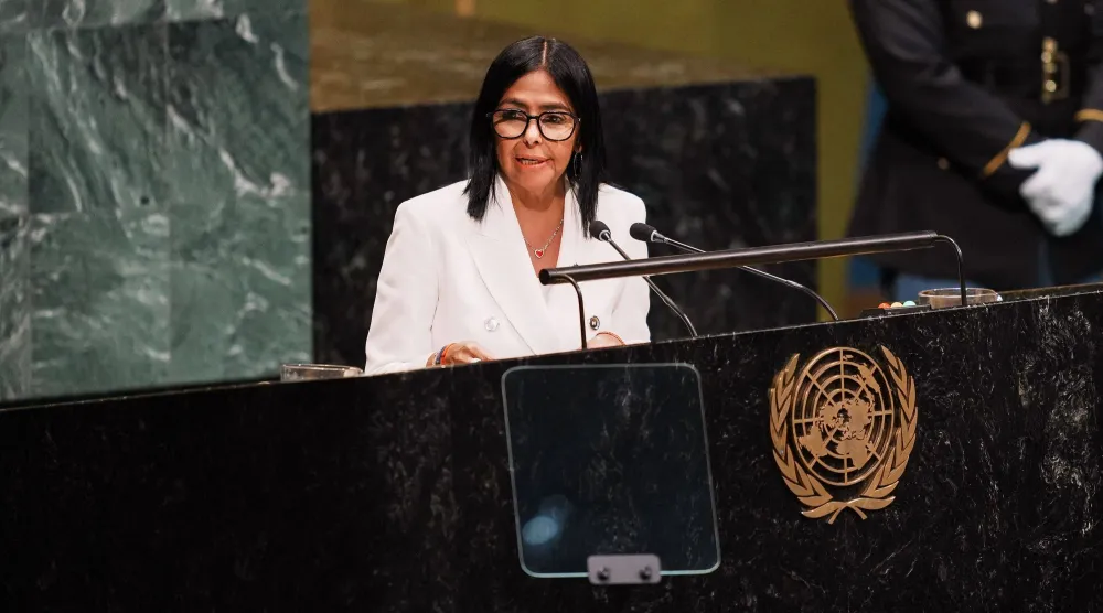 الرئيسة الفنزويلية المؤقتة ديلسي رودريغيز في أول خطاب لها أمام الجمعية العامة للأمم المتحدة (ا.ف.ب)