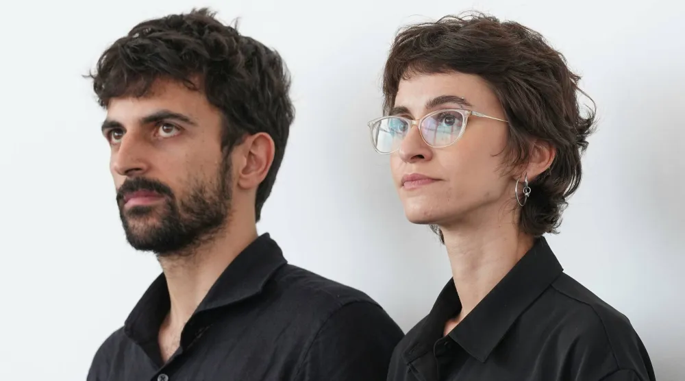 Directors Yuval Abraham, left, and Rachel Szor pose for photographers at the photo call for the film "NAZA" during the 83rd edition of the Venice Film Festival in Venice, Italy, on Thursday, Sept. 10, 2026. (AP)