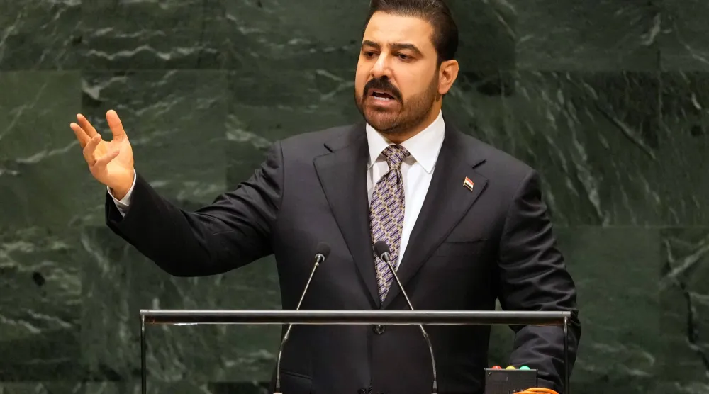 رئيس الوزراء العراقي علي الزيدي متحدثاً خلال الدورة الـ81 للجمعية العامة للأمم المتحدة يوم 25 سبتمبر 2026 (أ.ب)