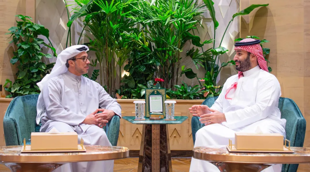 الأمير محمد بن سلمان ولي العهد السعودي خلال استقباله الشيخ منصور بن زايد نائب رئيس الإمارات في الرياض الثلاثاء (واس)