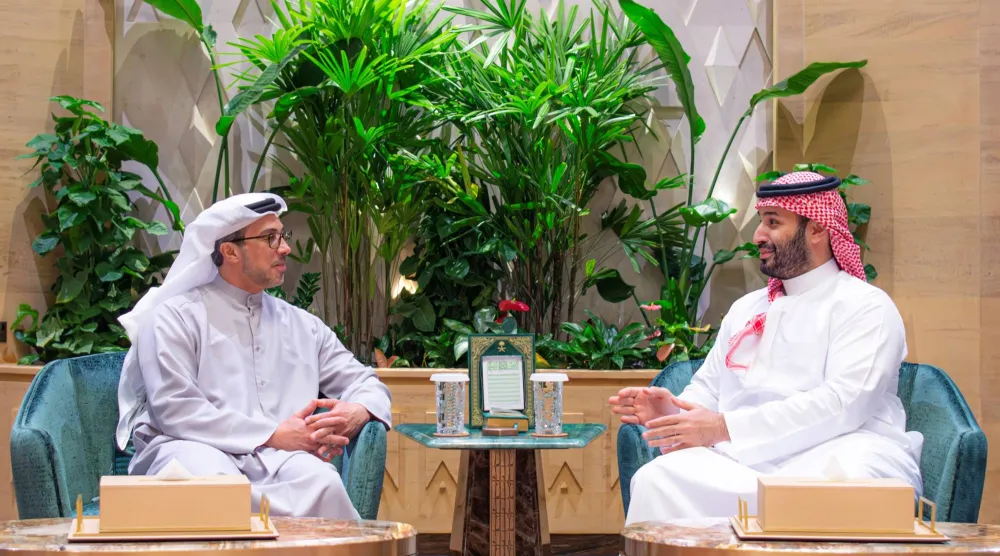 ولي العهد خلال لقائه نائب رئيس الإمارات أمس (واس)
